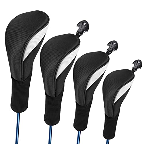 Lybile Golf Club Head Covers for Fairway Woods Driver Hybrids, 4Pcs Long Neck Mesh Golf Club Headcovers Set with Interchangeable No. Tags 3 4 5 6 7 X (Black)