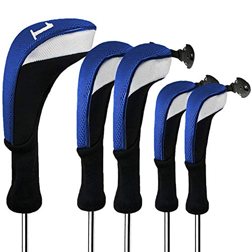 FINGER TEN Golf Club Head Covers Woods Driver Fairway Hybrid 3/4/5 Set, Headcovers Men 1 3 5 7 X Interchangeable Number Tag, Fit All Wood Clubs (Blue-1 Driver&2 Fairway&2 Hybrid)