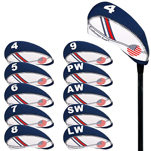Craftsman Golf White & Blue US Flag Neoprene Golf Club Head Cover Wedge Iron Protective Headcover for Callaway, Ping, Taylormade, Cobra, Etc.
