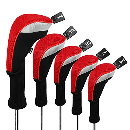 Andux 5pcs/Set Golf 460cc Driver Wood Club Head Covers Long Neck with Interchangeable No. Tags Red