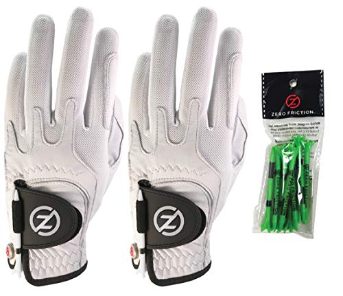 Zero Friction Male Men’s Cabretta Elite Golf Glove 2 Pack, Free Tee Pack White & White, Universal Fit (GL72007)