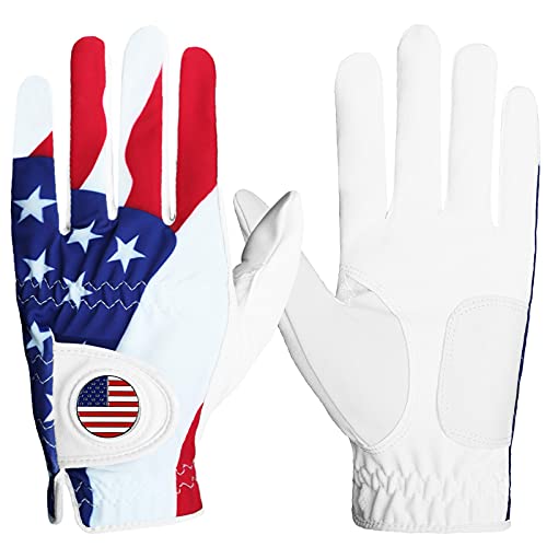 FINGER TEN Golf Gloves Men Left Hand Right Leather with Ball Marker USA Flag Pack, Mens Golf Glove All Weather Grip, Fit Size Small Medium ML Large XL (USA Flag, Large, Left)