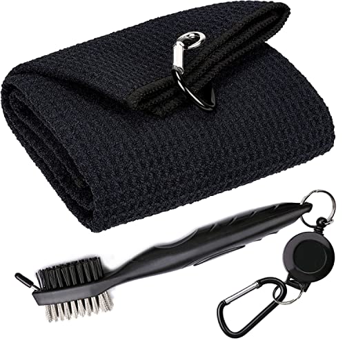 Aebor Golf Towels, Microfiber Waffle Pattern Tri-fold Golf Towel – Brush Tool Kit with Club Groove Cleaner, with Clip Men Women Golf Gifts (Black Towel+Black Brush)