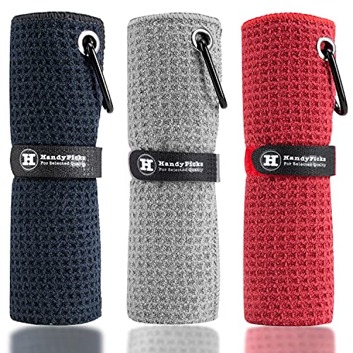 Handy Picks Microfiber Golf Towel (16″ X 16″) with Carabiner Clip, Waffle Pattern Golf Towel Hook and Loop Fastener – The Convenient Golf Cleaning Towel Black/Grey/Red