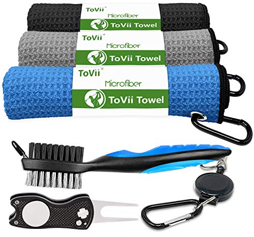 ToVii Golf Towel Microfiber Waffle Pattern Golf Towel | Brush Tool Kit with Club Groove Cleaner | Golf Divot Tool | Golf Accessories for Men
