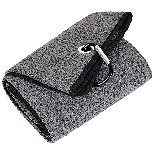 Mile High Life Tri-fold Golf Towel | Premium Microfiber Fabric | Waffle Pattern | Heavy Duty Carabiner Clip (Dark Gray/Black)