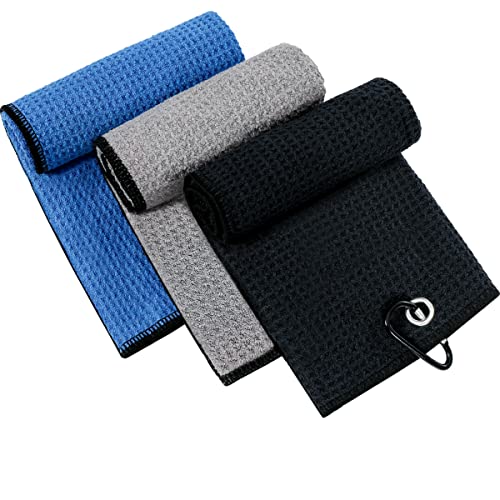 Xgunion Golf Towels,3 Pack Tri-fold Golf Towel for Golf Bags with Carabiner Clip, Premium Microfiber Waffle Pattern Golf Towel for Men Women (Black/Gray/Blue)