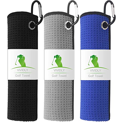 VIVIDLY 3 Pack Golf Towels, Microfiber Waffle Pattern Golf Towel-Contains Golf Towels in Three Colors of Black, Blue and Gray, Suitable for Men’s Golf Gifts