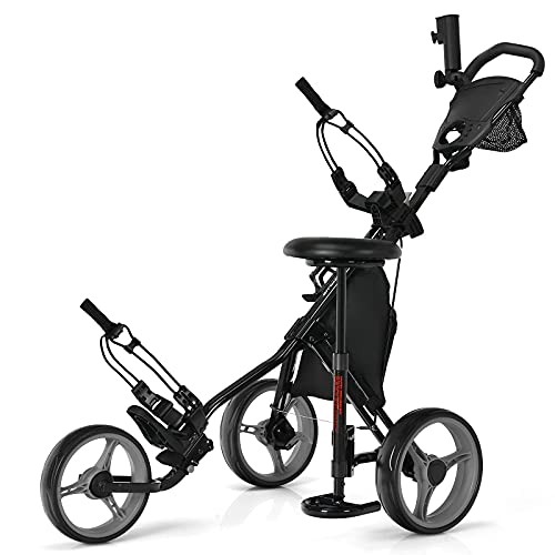 Tangkula Golf Push Pull Cart with Seat, Lightweight Folding 3 Wheels Golf Push Cart, Golf Trolley W/Storage Bag, Foot Brake, Adjustable Umbrella Holder & Seat, 4 Height Position Handle (Gray)