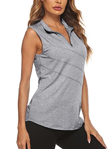 Koscacy Polo Shirts for Women,Quick Dry Golf Tops Misses Sleeveless Sport Wear Stretchy Lightweight Breathable Moisture Wicking Comfortable Active Top Tee Shirt Grey Medium