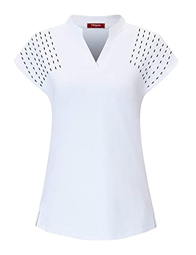 Felisou Golf Clothes for Women,Tennis Polo Shirts Athletic Moisture Wicking Running Short Sleeve Sport T Shirts V Neck Summer Casual Clothes White M