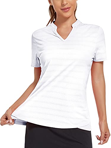 MIER Women’s Golf Polo Shirts Collarless SPF 50+ Short Sleeve Athletic Tennis Badminton T Shirts Moisture Wicking Professional Horse Riding Tops White M