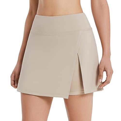 BALEAF Women’s Golf Skirts High Waisted Tennis Skorts with Slit Athletic Running Skirt with Shorts and Zip Pockets Khaki M