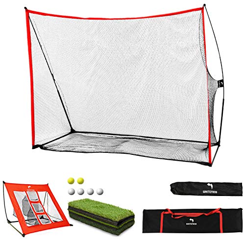 WhiteFang Golf Net Bundle Golf Practice Net 10×7 feet with Golf Chipping Nets Golf Hitting Mat & Golf Balls Packed in Carry Bag for Backyard Driving Indoor Outdoor (4 in 1)