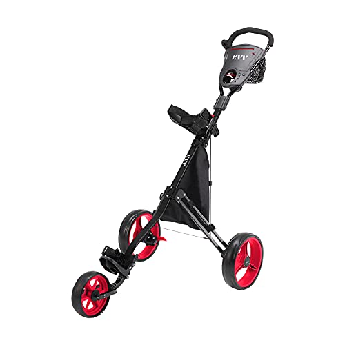 KVV Foldable Lightweight 3 Wheel Golf Cart with Stylish Scorecard Holder, Storage Bag-Easy to Open and Close(Black/Red)