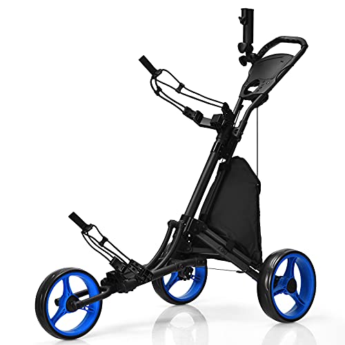 Tangkula Golf Push Pull Cart, Lightweight Foldable Collapsible 3 Wheels Golf Push Cart, Golf Trolley w/Storage Bag, Elastic Strap, Cup Holder, Scoreboard Storage & Foot Brake (Navy Blue)