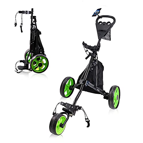 HOW TRUE Golf Push cart, Foldable Golf Cart,Golf Bag cart with Foot Brake & Phone Holder & Cooler Bag