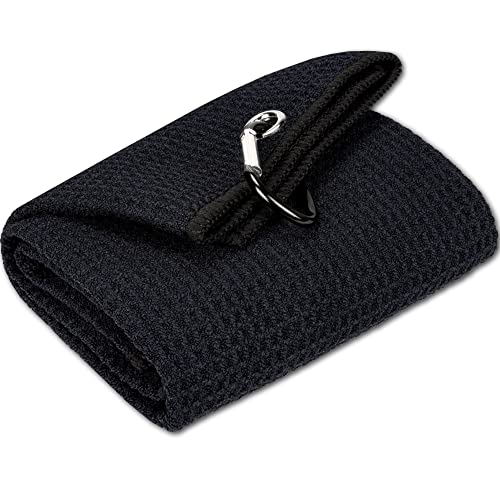 ATTRACTIVE 16″ x 24″ Microfiber Waffle Pattern Tri-fold Golf Towel with Black Heavy Duty Carabiner Clip, Black Golf Towels for Golf Bags for Men (Black)