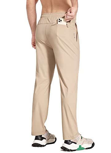 BALEAF Men’s Running Pants Elastic Waist Lightweight Jogging Stretch Golf Workout Pants with Zipper Pockets Khaki L