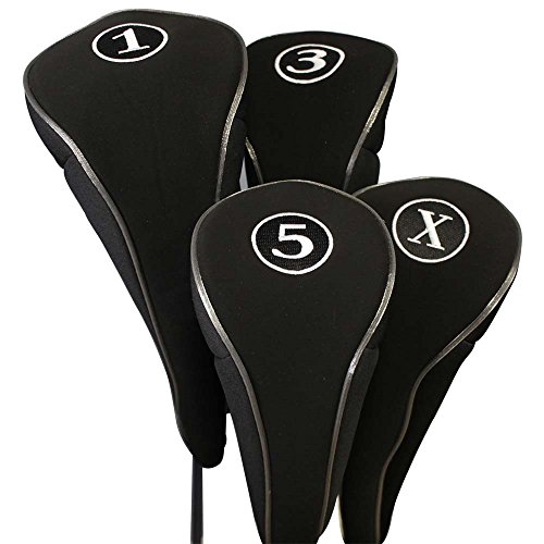 Black Golf Zipper Head Covers Driver 1 3 5 X Fairway Woods Headcovers Metal Neoprene Traditional Plain Protective Covers Fits All Fairway Clubs and Drivers up to 460cc for Golfing Buddies
