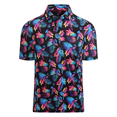 SAMERM Mens Golf Shirt Short Sleeve Print Performance Moisture Wicking Dry Fit Polo Shirts for Men,Black Leaf L