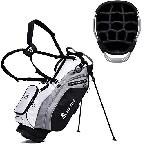 ASK ECHO Lightweight Golf Stand Bag with 14 Way Full Length Dividers Including Oversize Putter Tube, 9 Pockets, with Rain Cover, White