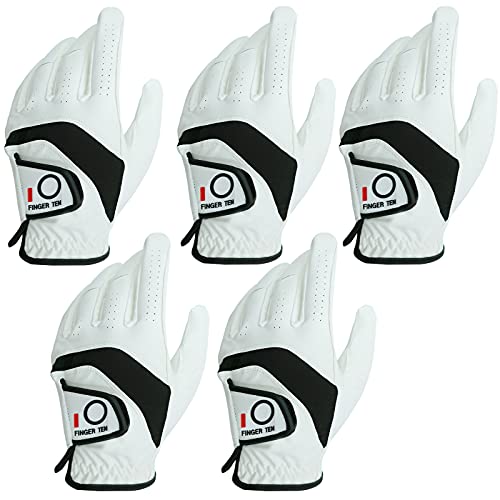 FINGER TEN Golf Gloves Men Left Hand Right with Ball Marker Pack, Mens Leather Golf Glove All Weather Grip, Fit Size Small Medium ML Large XL (White(Men Gloves), X-Large(Worn On Left Hand))