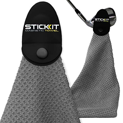 STICKIT Magnetic Towel, Gray | Top-Tier Microfiber Golf Towel with Deep Waffle Pockets | Industrial Strength Magnet for Strong Hold to Golf Carts or Clubs