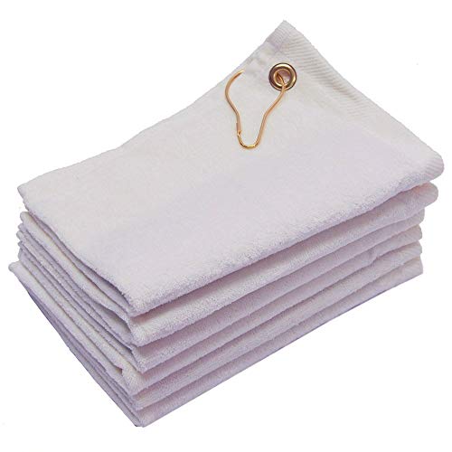 GEORGIABAGS 3 Pack Terry Velour Golf Towels, 11×18 Fingertip Towels, Sport Towels, Corner Grommet & Hook (White)