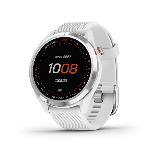 Garmin Approach S42, GPS Golf Smartwatch, Lightweight with 1.2″ Touchscreen, 42k+ Preloaded Courses, Silver Ceramic Bezel and White Silicone Band, 010-02572-11