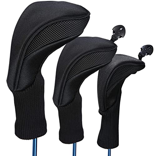 3 PCS Golf Head Cover Club Headcover Set for Drivers Fairway Woods Hybrid Fit Oversized Club Men Women (Black)