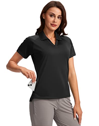 Obla Women’s Golf Shirt Dry Fit V-Neck Short Sleeve Tennis Tops UPF50+ Collared Golf Polo Shirts for Women (Black_M)