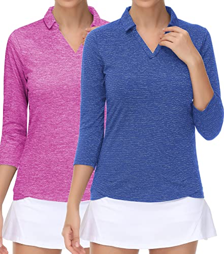 TrendiMax Womens 2 Pack 3/4 Sleeve Golf Polo Shirts V Neck Collared Moisture Wicking Sports Workout Tops