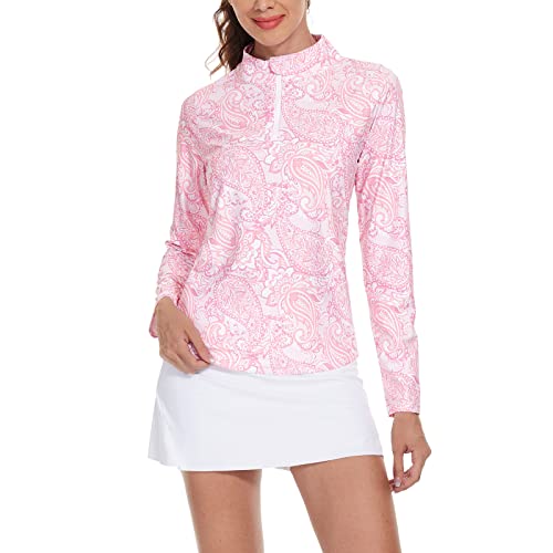 M MOTEEPI Womens Golf Shirt Long Sleeve Athletic Quarter Zip Pullover Sun Protection Lightweight with Pocket Crystal Pink Large