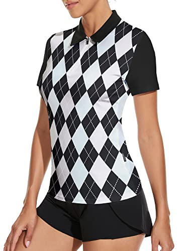 Womens Plaid Golf Shirt Half Zip Athletic Shirt Short Sleeve Golf Shirts Dry Fit, Large