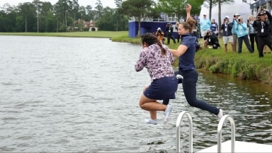 Vu jumps off the dock to celebrate Chevron win