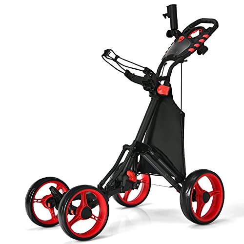 Tangkula Golf Push Pull Cart, Lightweight Folding 4 Wheels Golf Push Cart, Golf Trolley with Waterproof Bag & Foot Brake, Free Cup & Adjustable Umbrella Holder, Height-Adjustable Handle (Red)