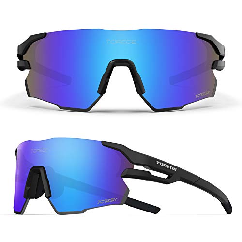 TOREGE Sports Sunglasses for Men,Polarized Sunglasses for Women,Sports Sunglasses for Biking Hiking Fishing Golf Running TR71(Black&Black&Blue Lens C2)