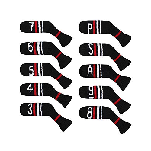Scott Edward Black Red White Warning Iron Covers,Set of 10 PCS, Adorable and Basically Socks Shape,Washable & Durable Golf Club Head Protector (Black Red White Warning Stripes)