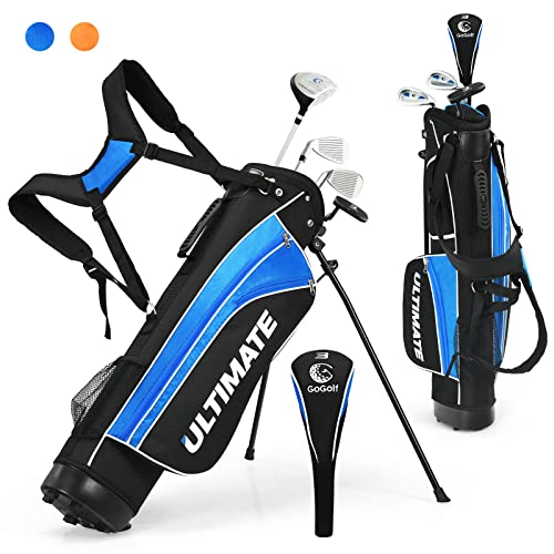 Tangkula Junior Complete Golf Club Set for Children Ages 8 and Up, Right Hand, Includes 3# Fairway Wood, 7# & 9# Irons, Putter, Head Cover, Golf Stand Bag, Perfect for Children, Kids(Blue)