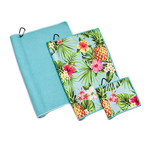 Playing It Forward Golf Towel with Clip for Golf Bags for Men & Women, Pineapple Tropical Floral with Blue Solid, 2 Microfiber Towel & 1 Ball Towel, Set of 3, Super Absorbent, Quick Dry