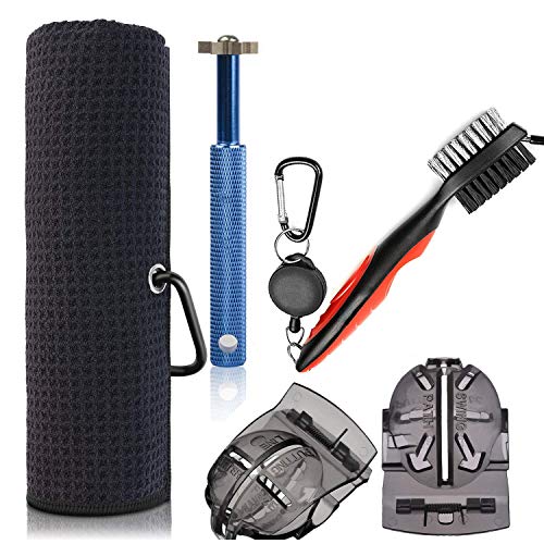 Gzingen Golf Towel Kit, Including Microfiber Waffle Pattern Tri-fold Golf Towel, Club Groove Cleaner Brush, Golf Club Groove Sharpener, 2 Golf Ball Liner, Golf Accessories for Men