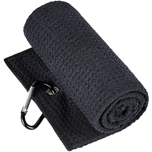 Artpreti 1 Pack 16″ x 24″ Tri-fold Golf Towel, Premium Microfiber Fabric Waffle Pattern with Black Heavy Duty Carabiner Clip for Golf Bags for Men Women (Black)