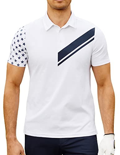 JACK SMITH Men’s Slim-Fit Quick-Dry Golf Polo Shirt Short Sleeve Printed Shirts(L,White)
