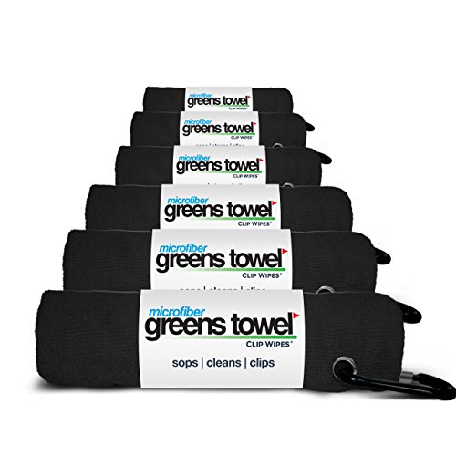 Greens Towel 6 Pack Black Golf Towels with Clip for Golf Bags, Plush Microfiber nap Fabric, 16×16, The Original Value Pk (Jet Black)