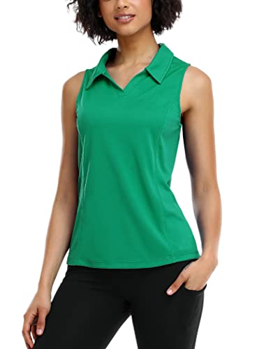 COOrun Polo Shirt for Women V Neck Golf Shirts Moisture Wicking Athletic Tennis Shirts Sleeveless Golf Tanks,Green Medium