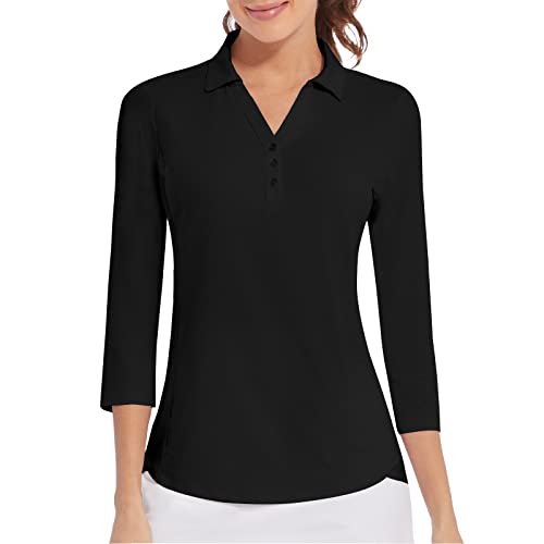 Women’s Polo Shirt 3/4 Sleeve Golf Quick Dry T Shirts UPF 50+ Athletic Casual Work Shirts Tops for Women(Black,M)