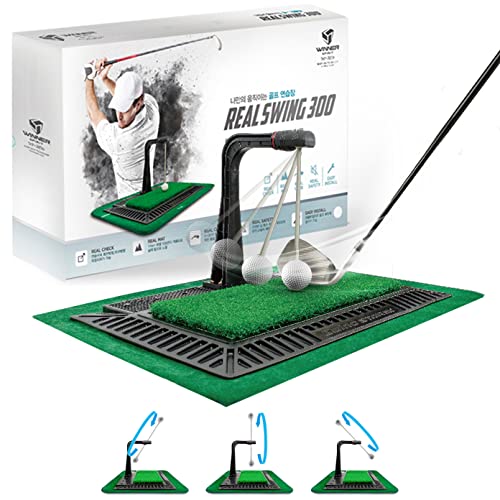 WINNER SPIRIT Real Swing 300 Golf Swing & Hitting Trainer, True Impact, Checking Path After Swing Practice Mat Groover Training Aid, Height Adjustable (All Set)