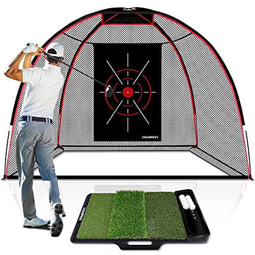 CHAMPKEY Premium 10′ x 7′ Golf Hitting Net | 5 Ply-Knotless Netting with Impact Target Golf Practice Net Ideal for Indoor and Outdoor Training