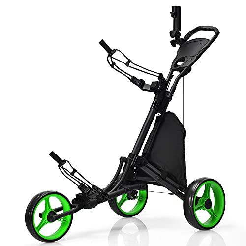 Tangkula Golf Push Pull Cart, Lightweight Foldable Collapsible 3 Wheels Golf Push Cart, Golf Trolley w/Storage Bag, Elastic Strap, Cup Holder, Scoreboard Storage & Foot Brake (Green)
